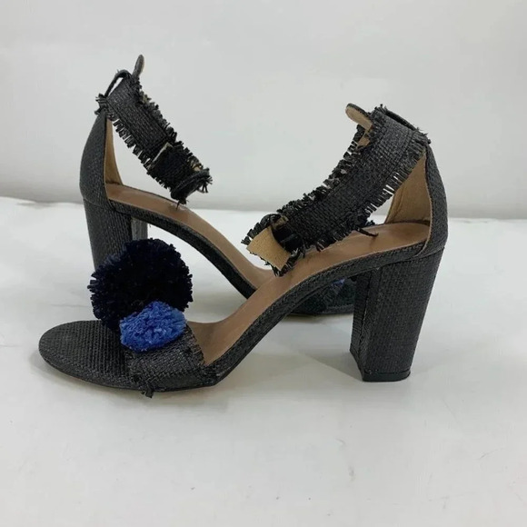 All Black Open-toe Raffia Fringe Pompom Block Heels Ankle Strap Sandals Size 7.5 - Picture 6 of 15
